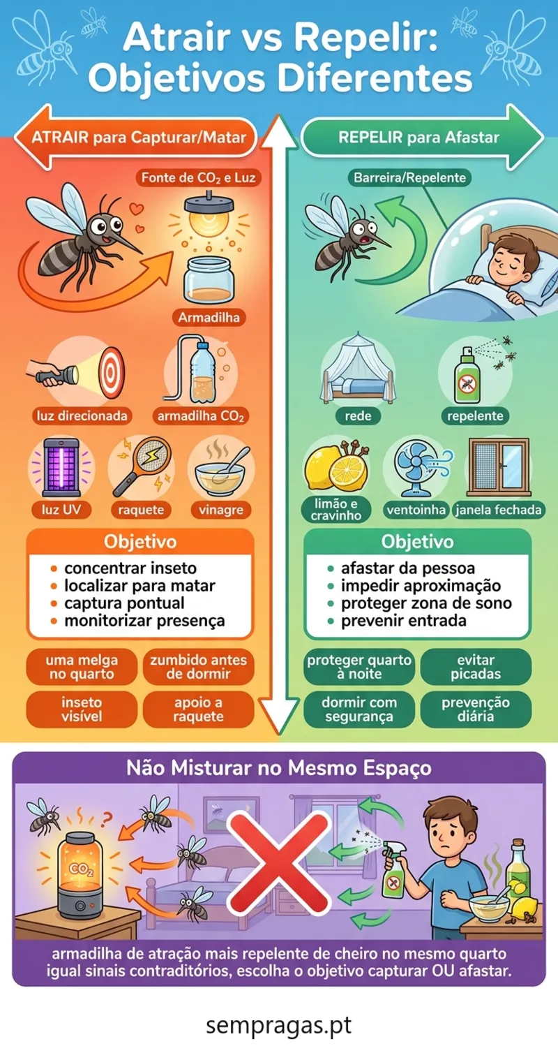 Infográfico: atrair vs repelir — objectivos diferentes