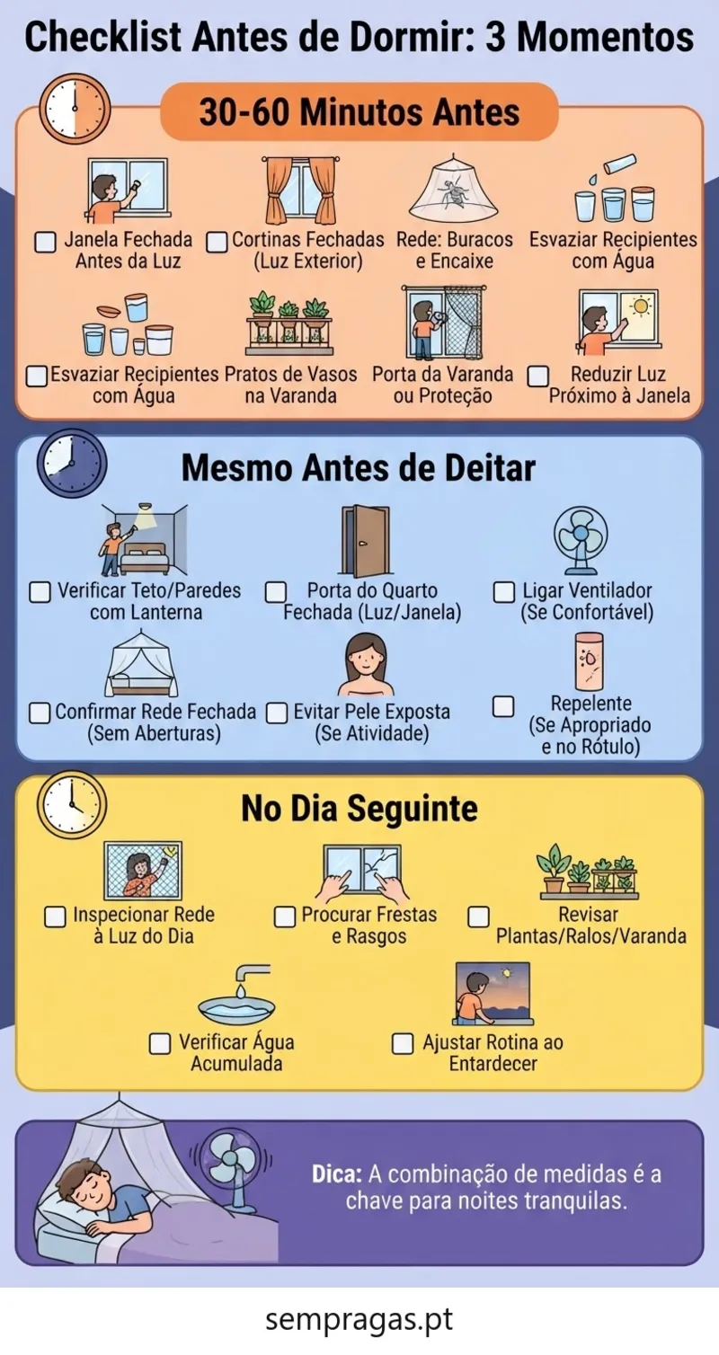 Infográfico: checklist antes de dormir — 3 momentos