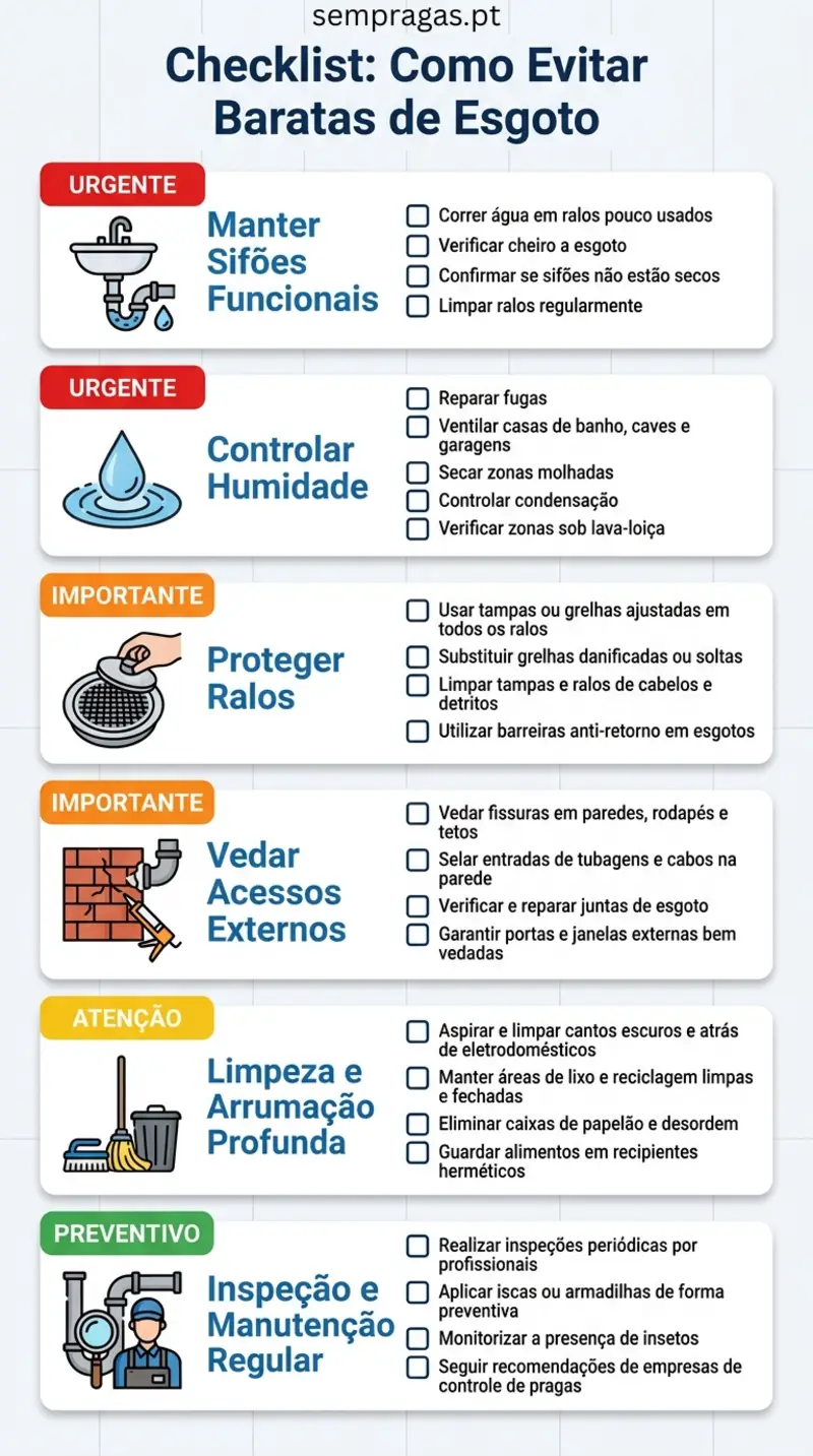Infográfico com checklist para evitar baratas de esgoto