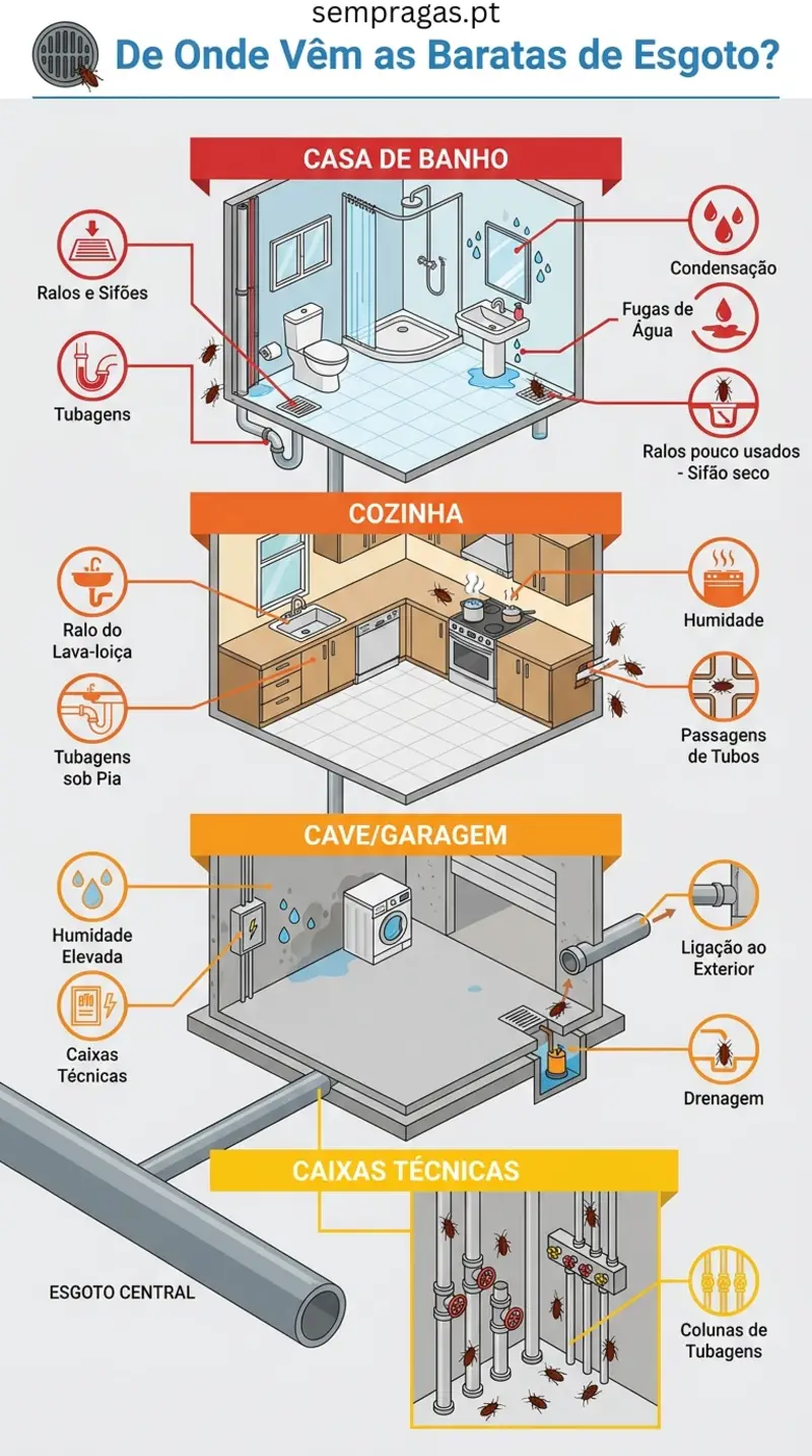 Infográfico sobre de onde vêm as baratas de esgoto