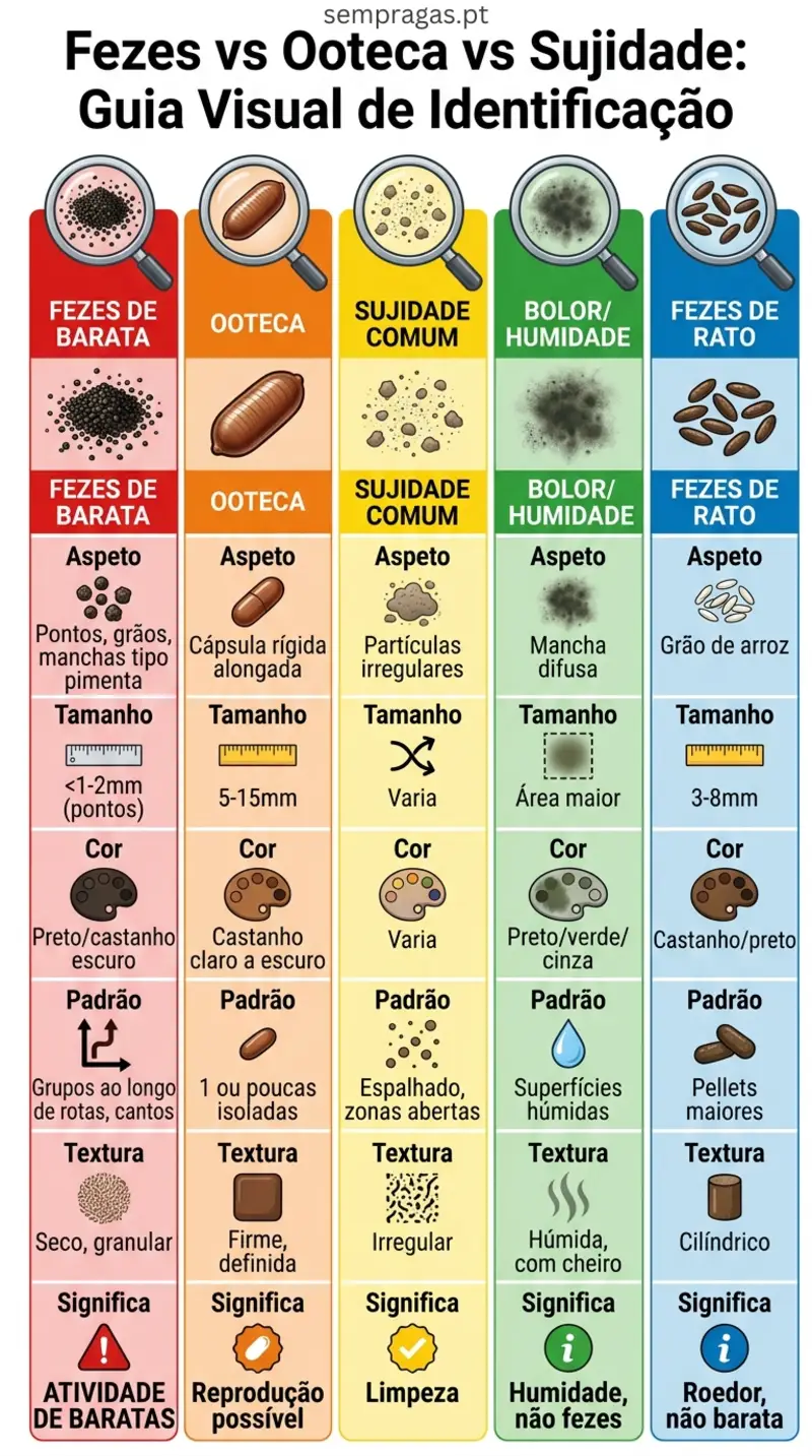 Infográfico: fezes vs ooteca vs sujidade — guia visual de identificação