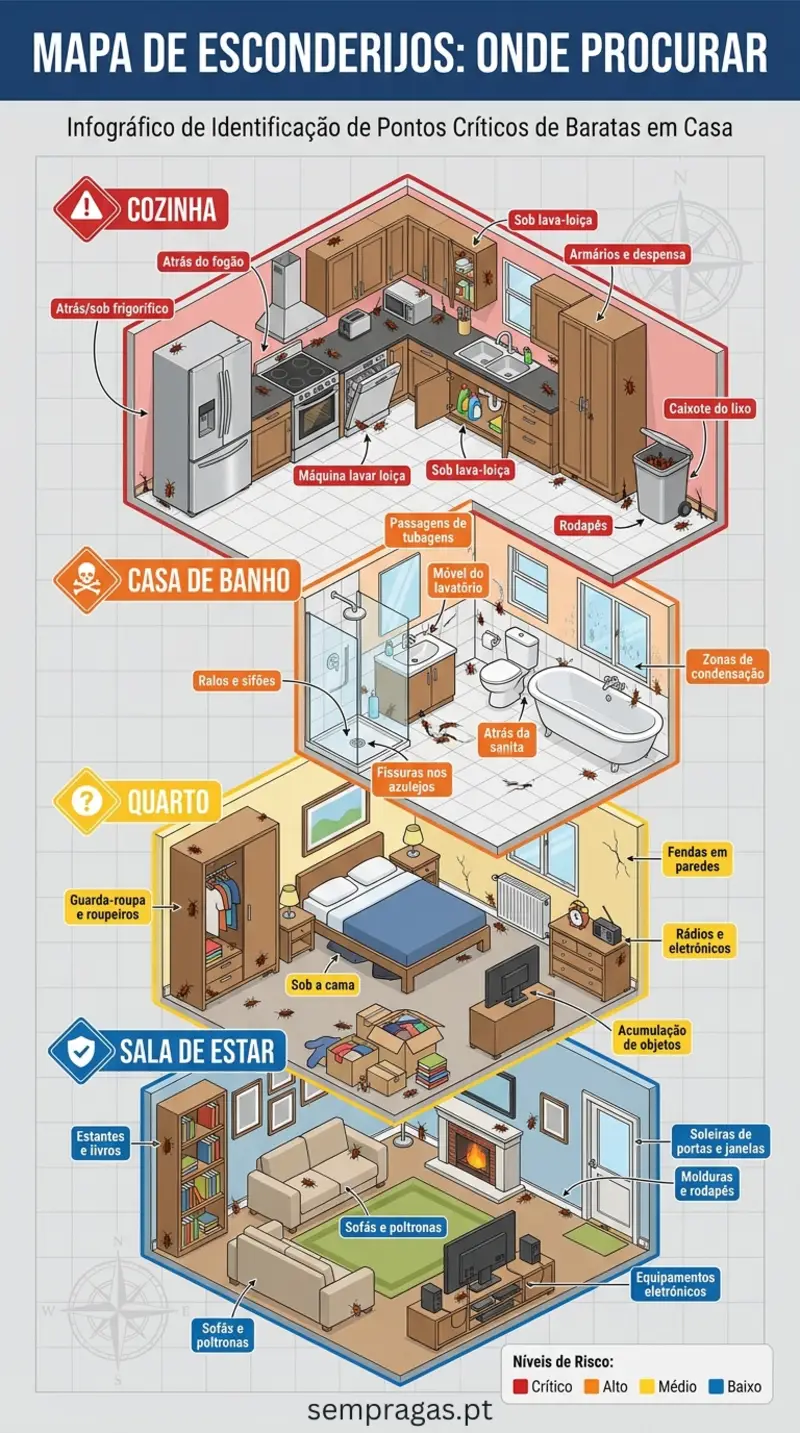 Infográfico com mapa de esconderijos de baratas em casa