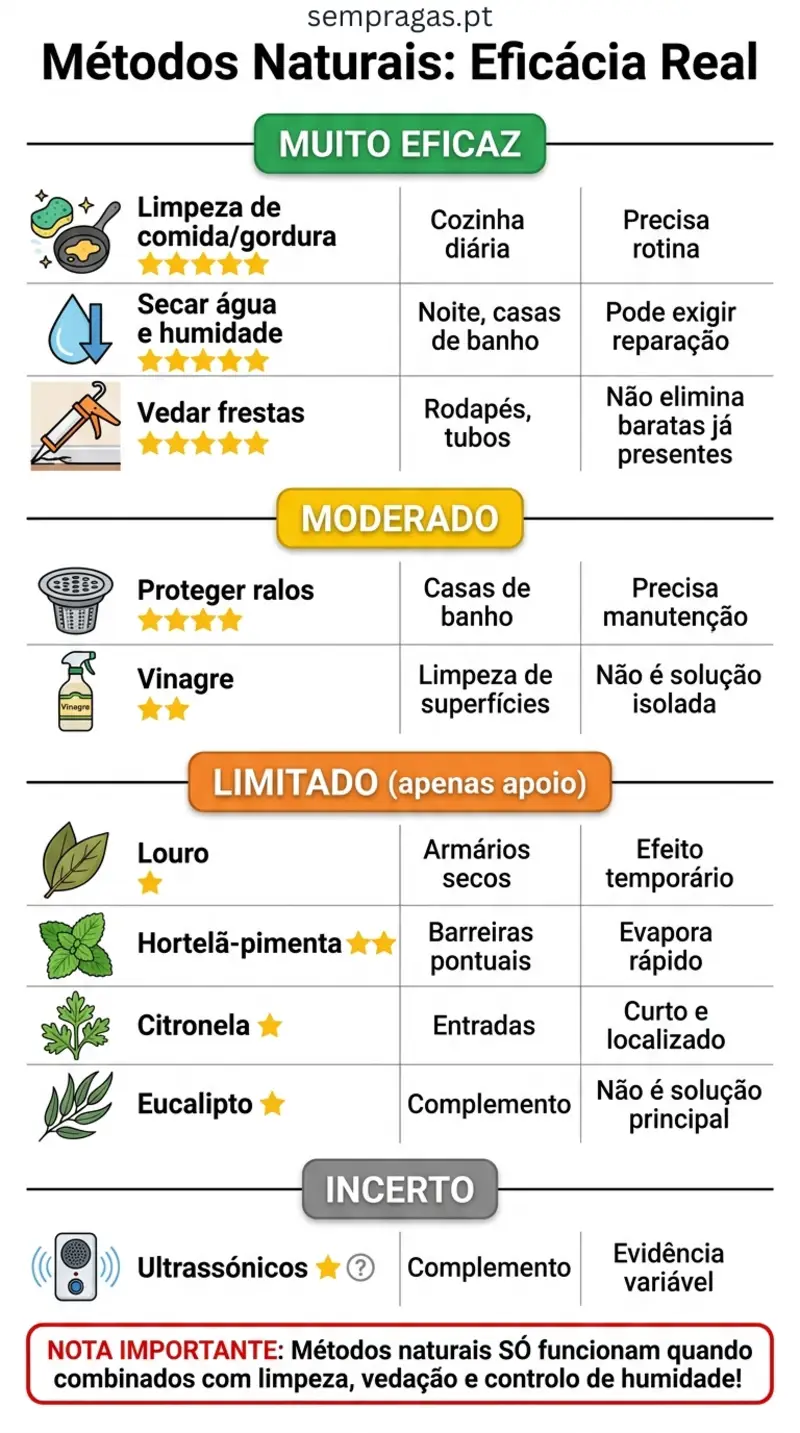 Infográfico com a eficácia real dos métodos naturais para afastar baratas