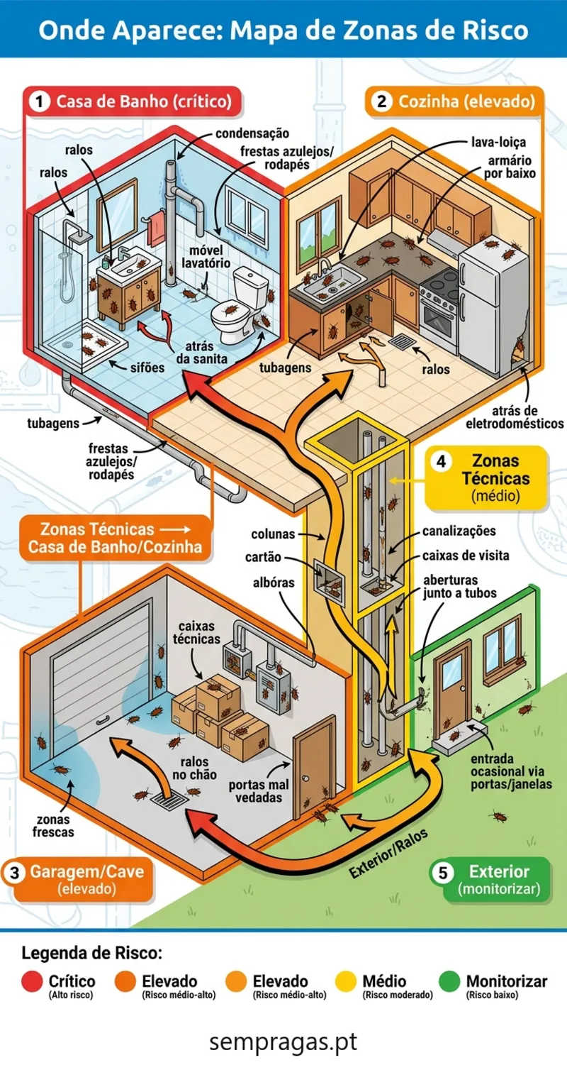 Infográfico: onde a barata oriental costuma aparecer — mapa de zonas de risco