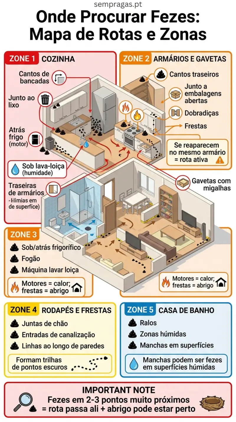 Infográfico: onde procurar fezes de barata — mapa de rotas e zona