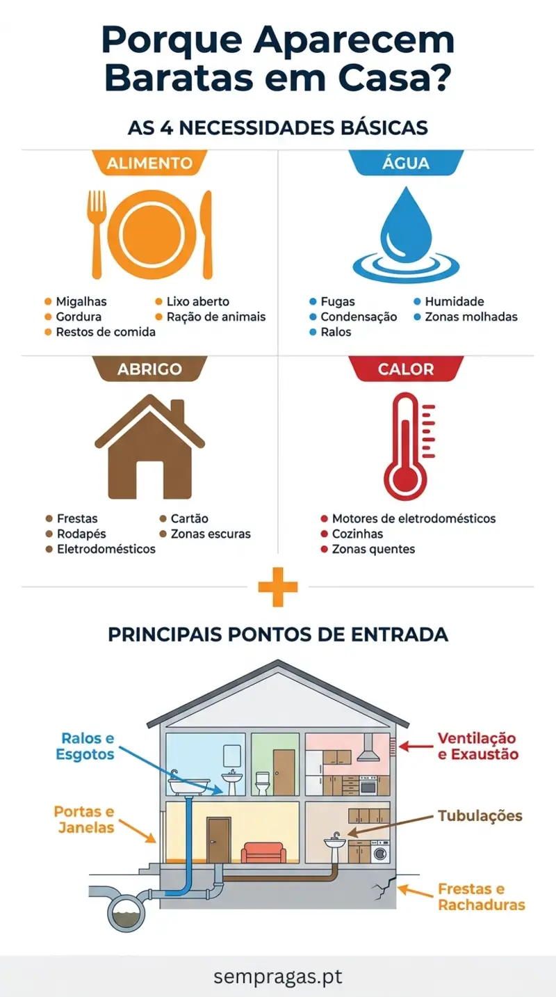 Infográfico com os principais motivos porque aparecem baratas em casa