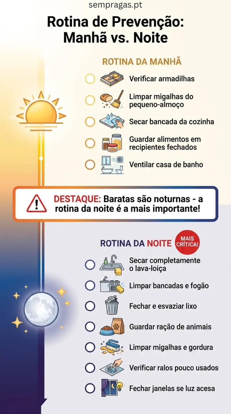 Infográfico com rotina de prevenção: manhã vs noite