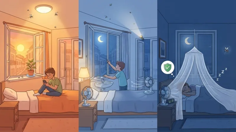 Melgas no quarto: rede mosquiteira, janela protegida e prevenção à noite